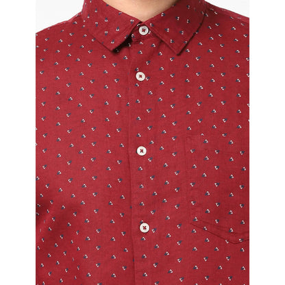 Burgundy Geometric Printed Linen-Blend Shirt