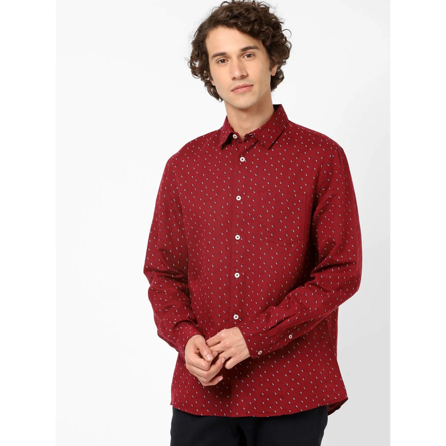 Burgundy Geometric Printed Linen-Blend Shirt