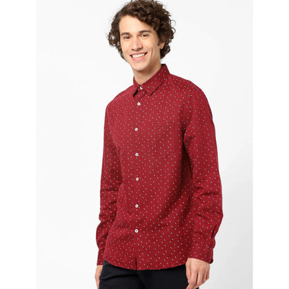 Burgundy Geometric Printed Linen-Blend Shirt