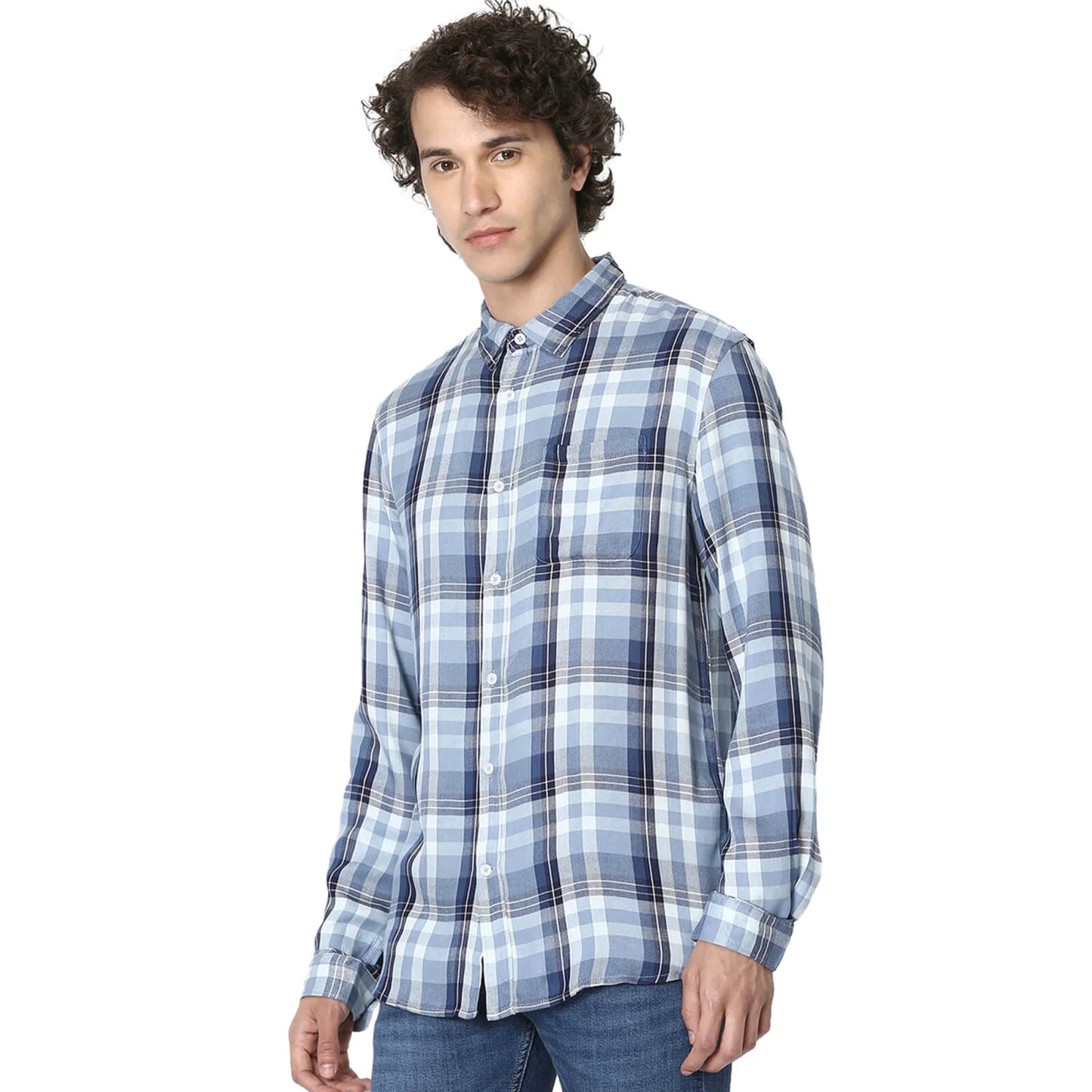 Celio* Checked Regular Fit Viscose Blue Shirt
