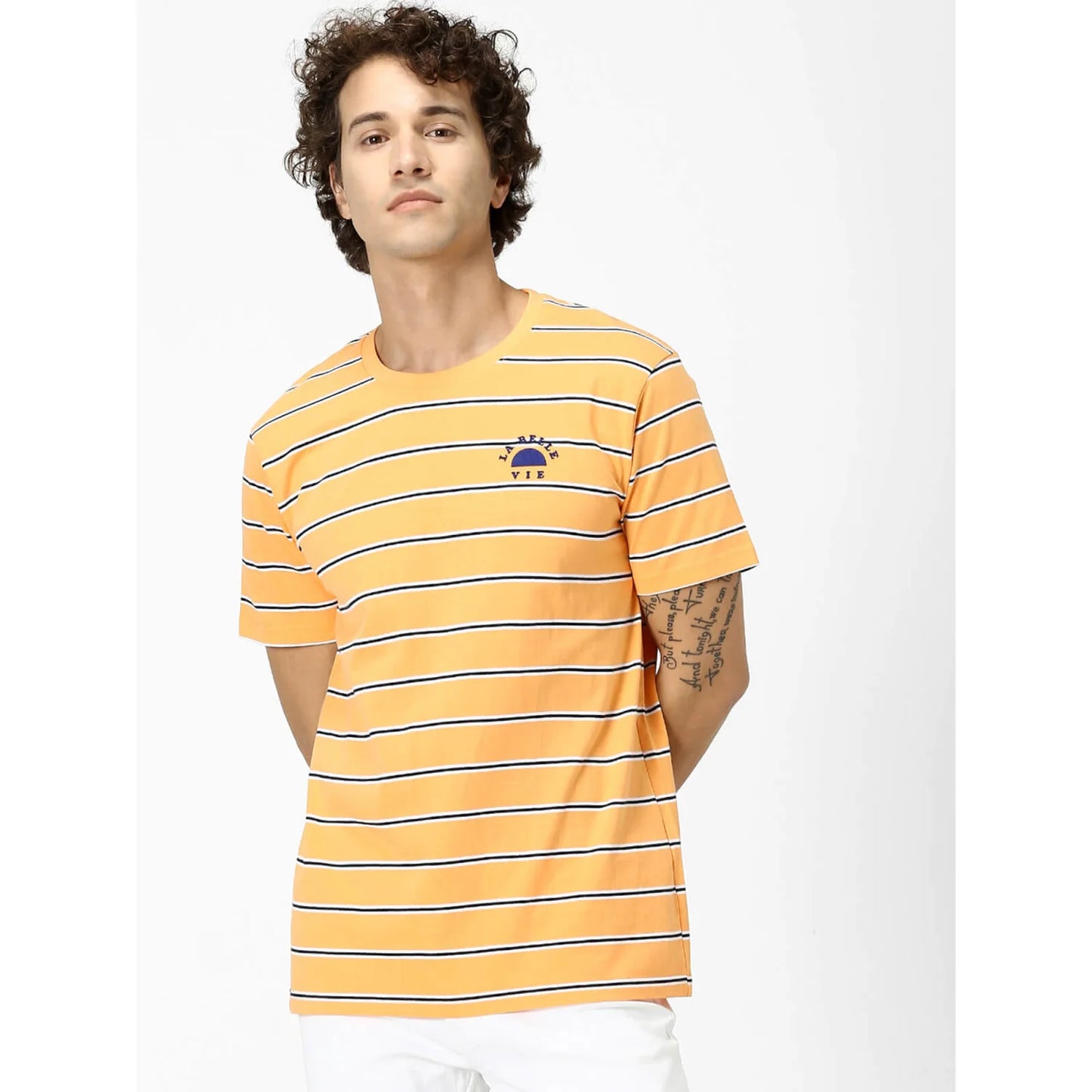 Navy Blue Striped Polyester T-shirt