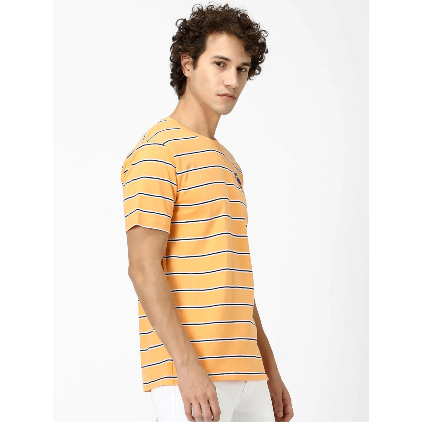 Navy Blue Striped Polyester T-shirt