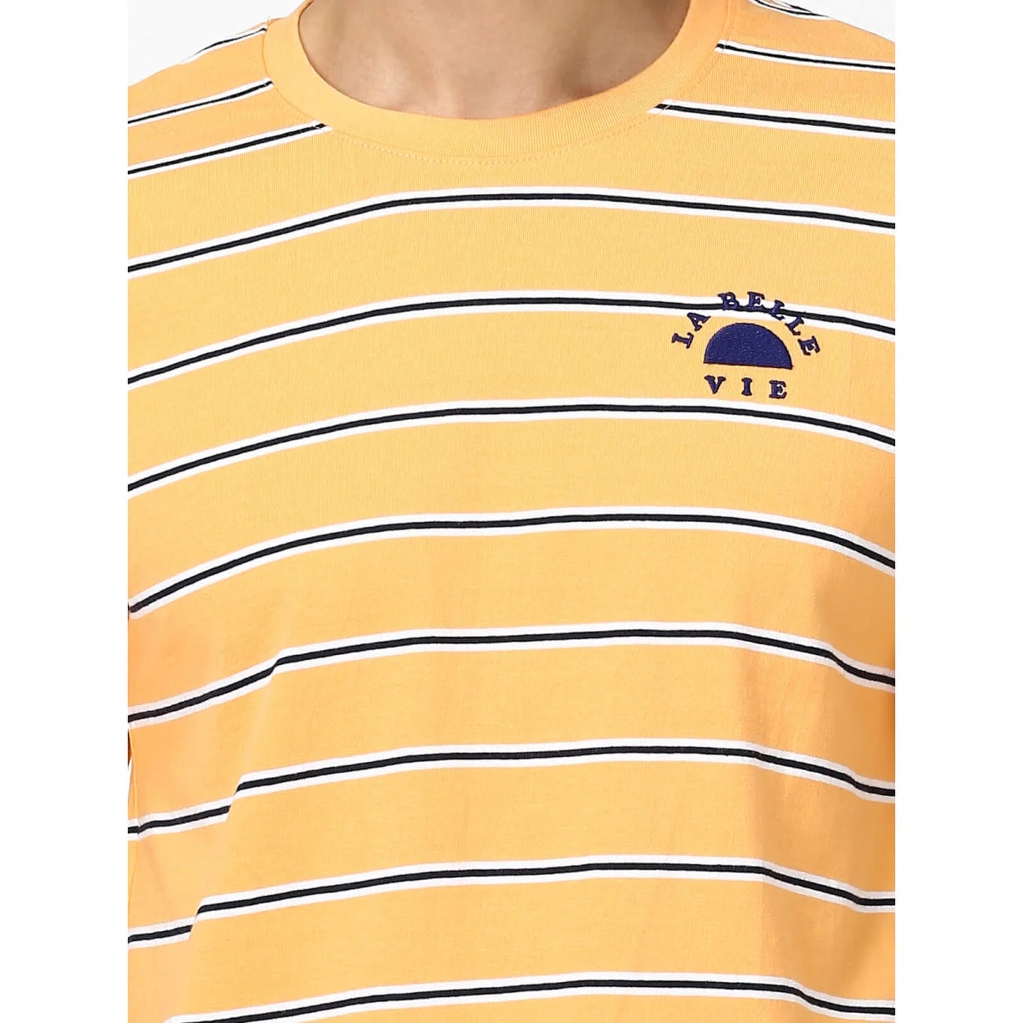 Navy Blue Striped Polyester T-shirt