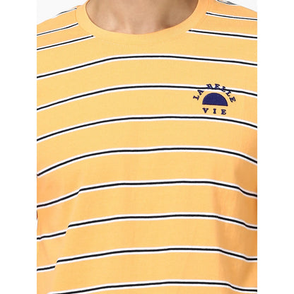 Navy Blue Striped Polyester T-shirt