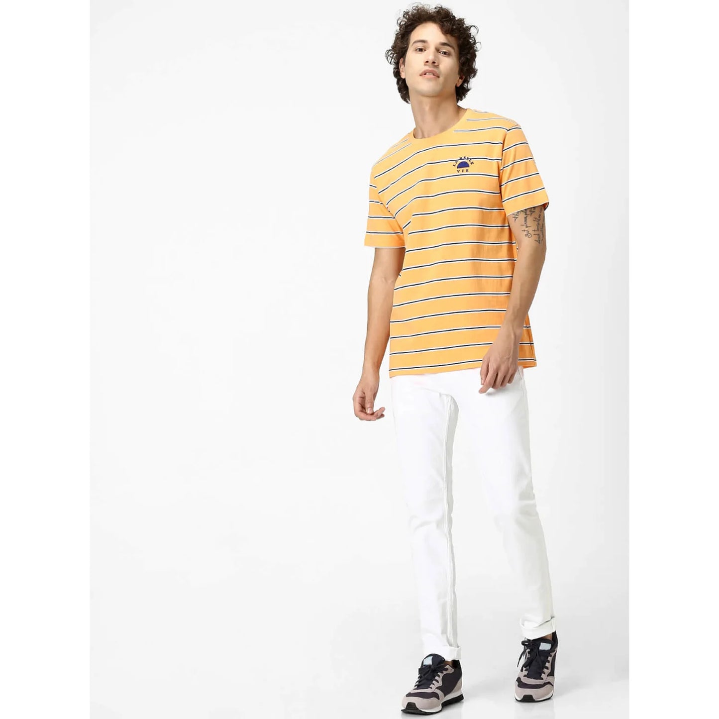 Navy Blue Striped Polyester T-shirt