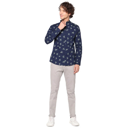 Navy Blue Printed Cotton Shirt