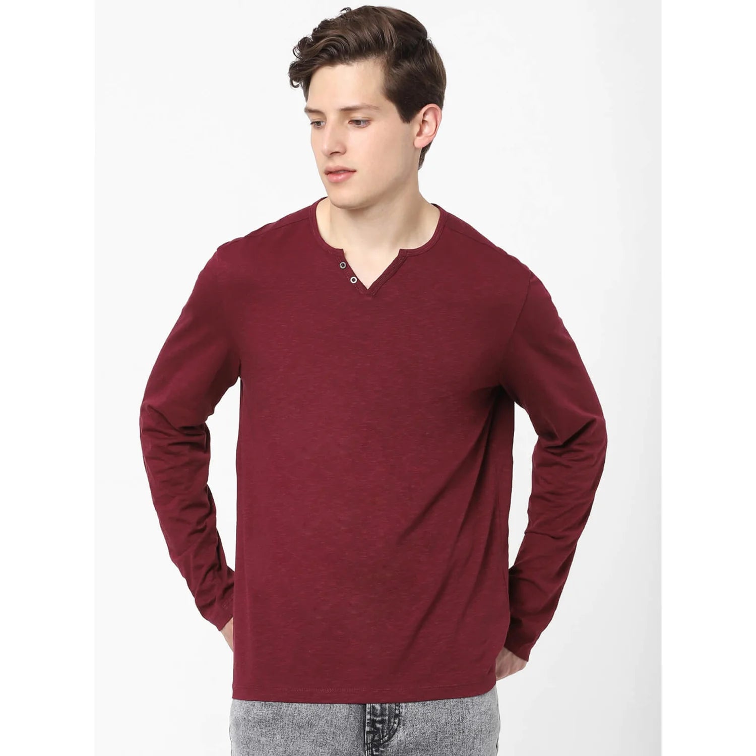 Burgundy Solid Cotton Blend T-shirt