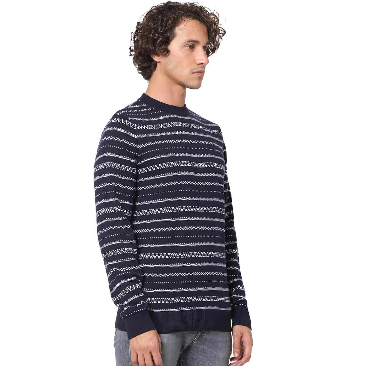 Navy Blue Solid Cotton Sweater