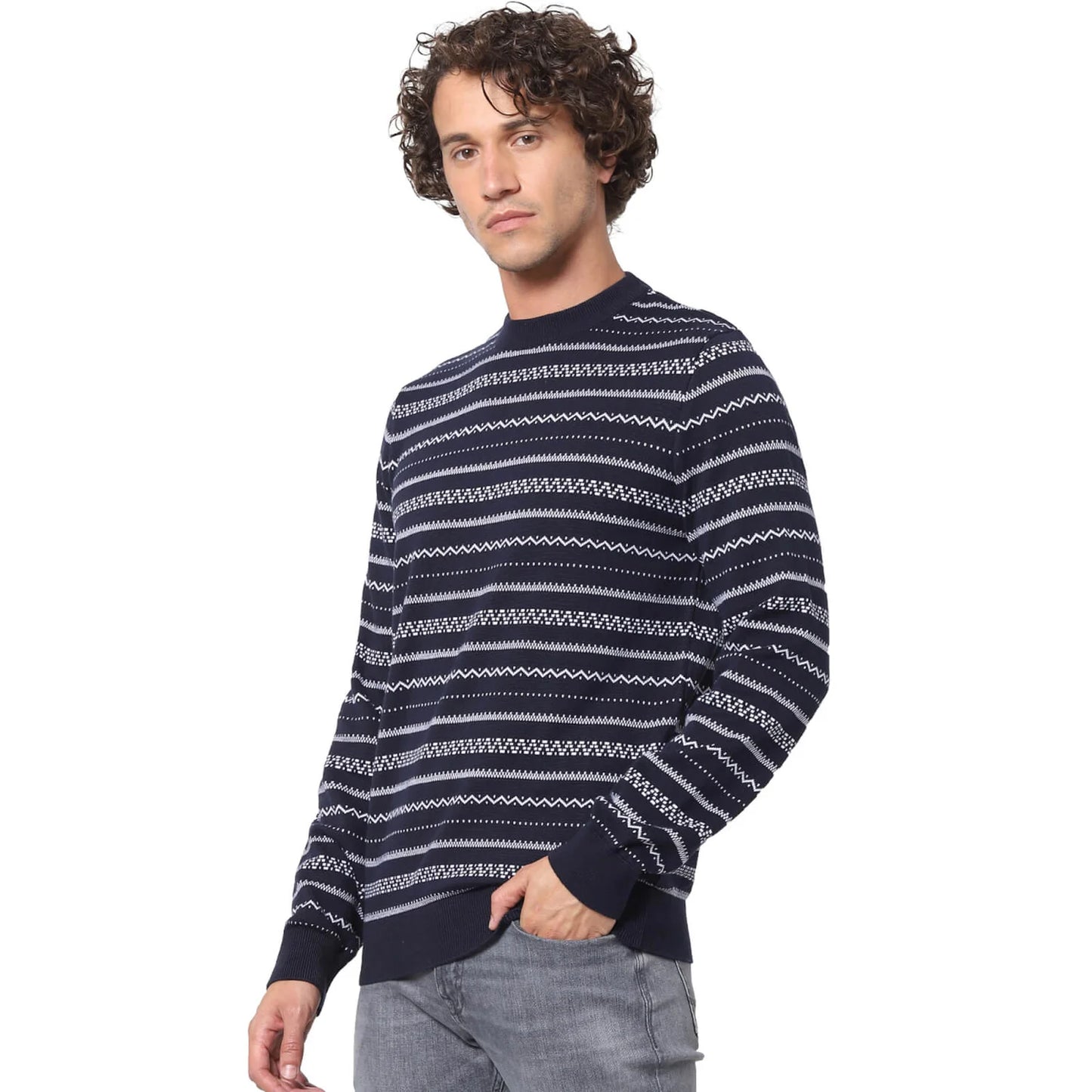 Navy Blue Solid Cotton Sweater