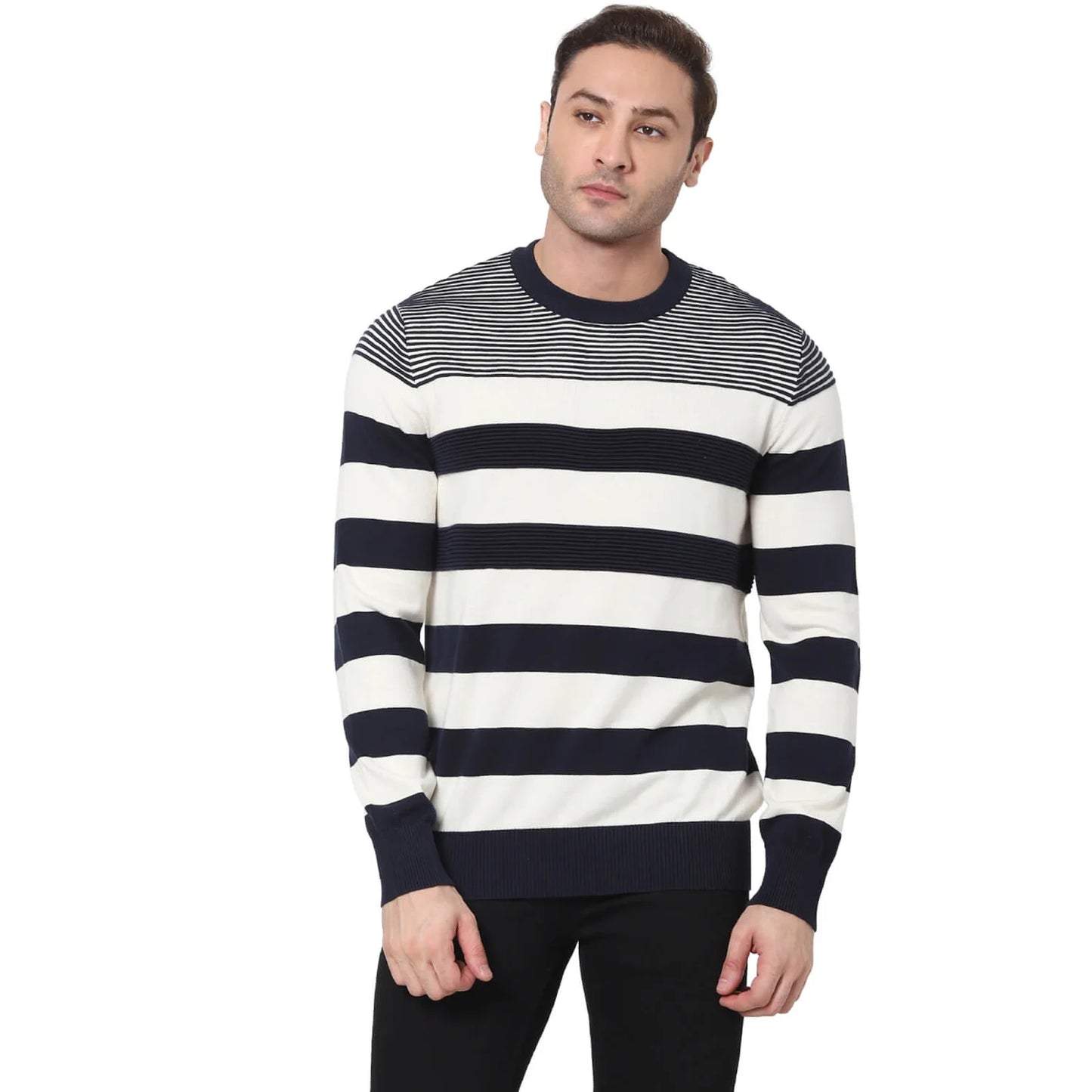 Navy Blue Striped Cotton Sweater