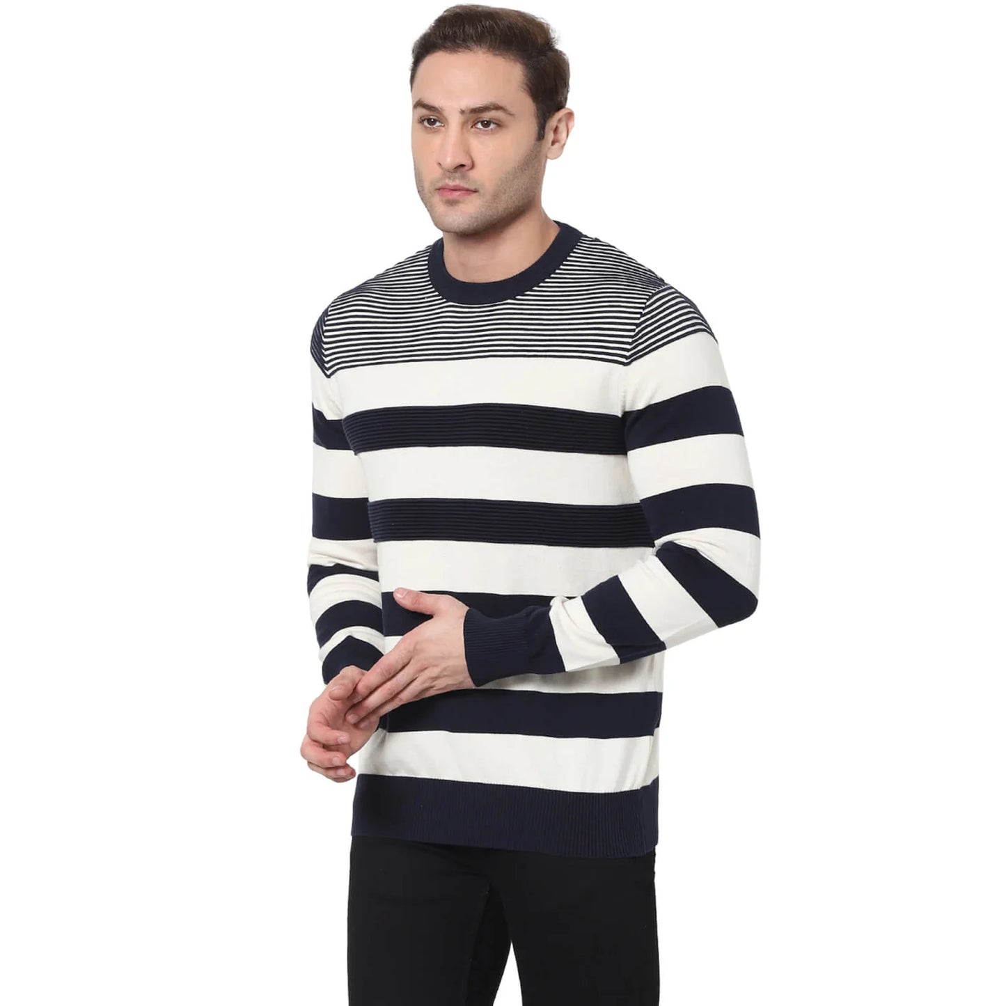 Navy Blue Striped Cotton Sweater