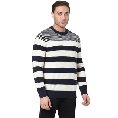 Navy Blue Striped Cotton Sweater