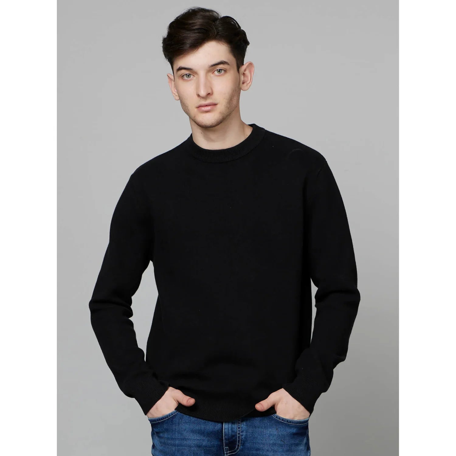 Black Solid Cotton-Poly-Blend Sweater