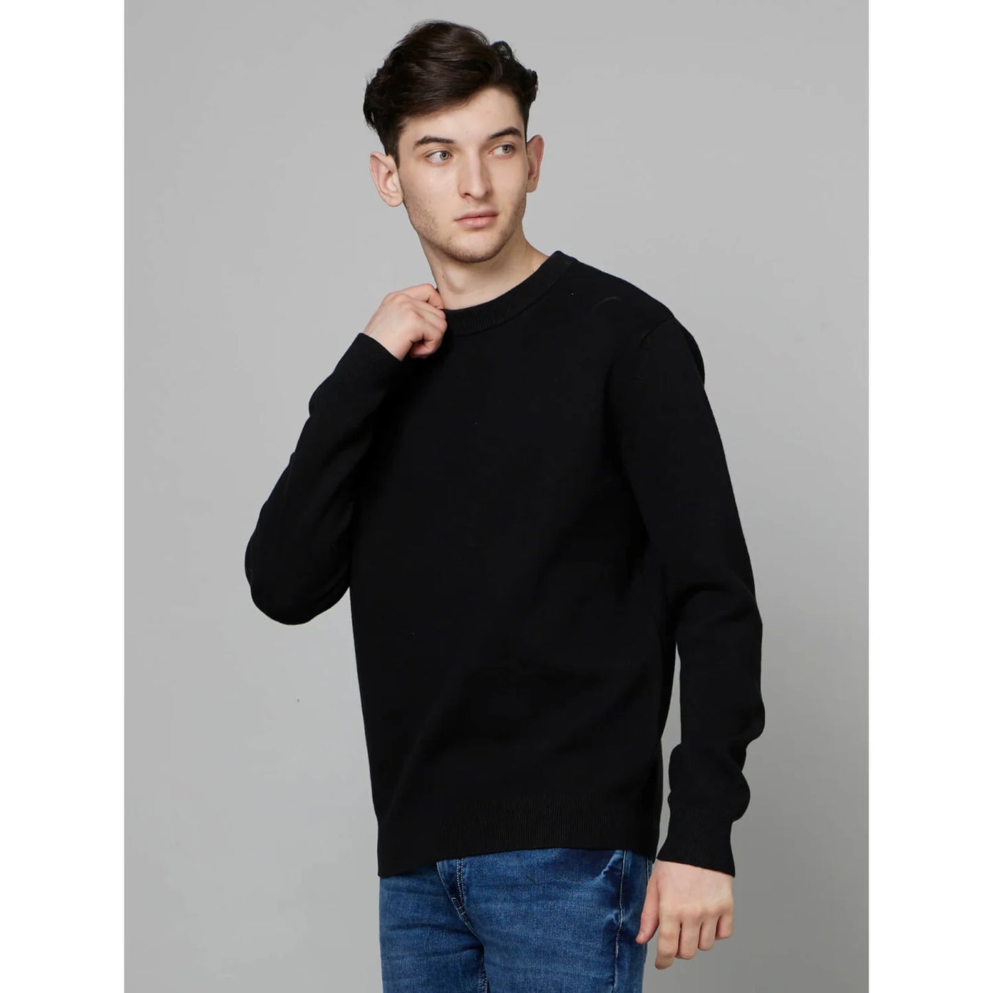 Black Solid Cotton-Poly-Blend Sweater