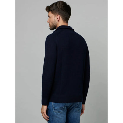 Navy Blue Solid Wool Sweater