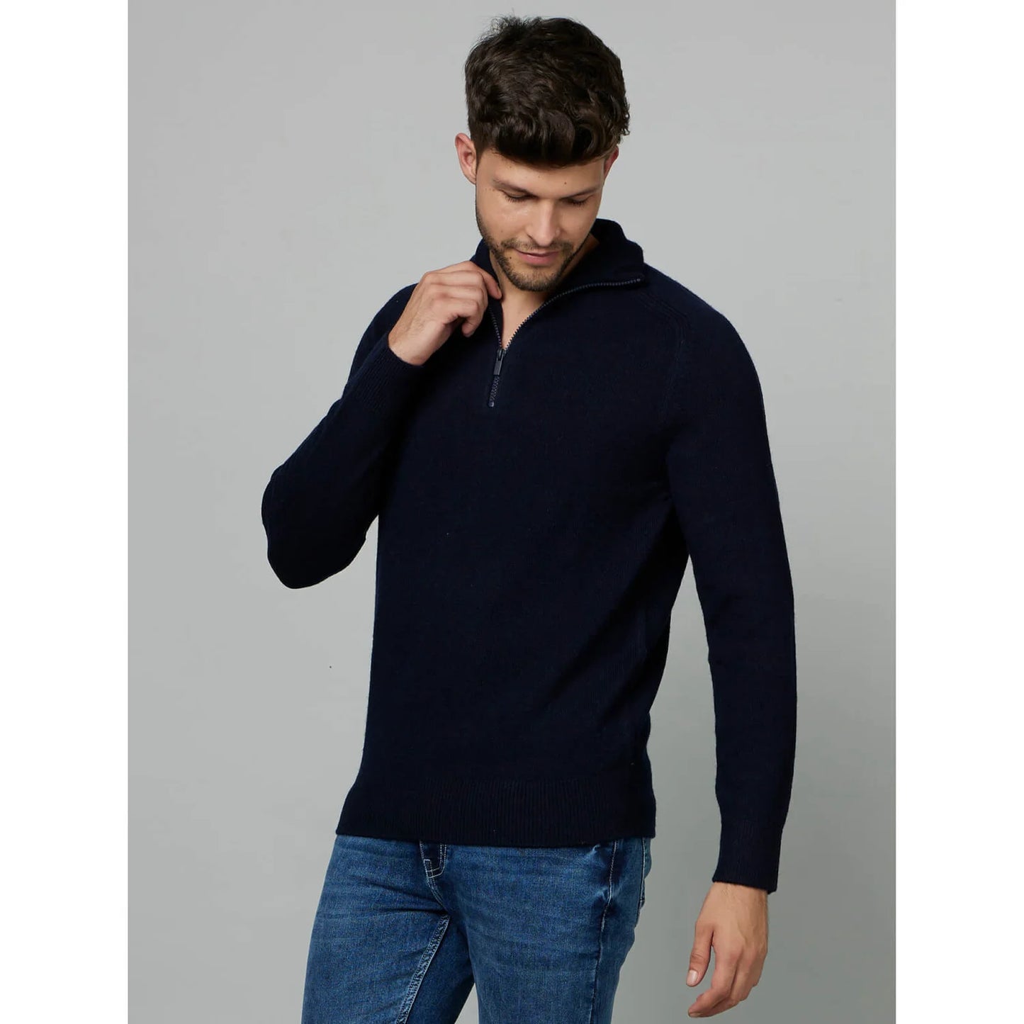 Navy Blue Solid Wool Sweater