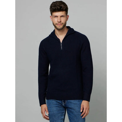 Navy Blue Solid Wool Sweater