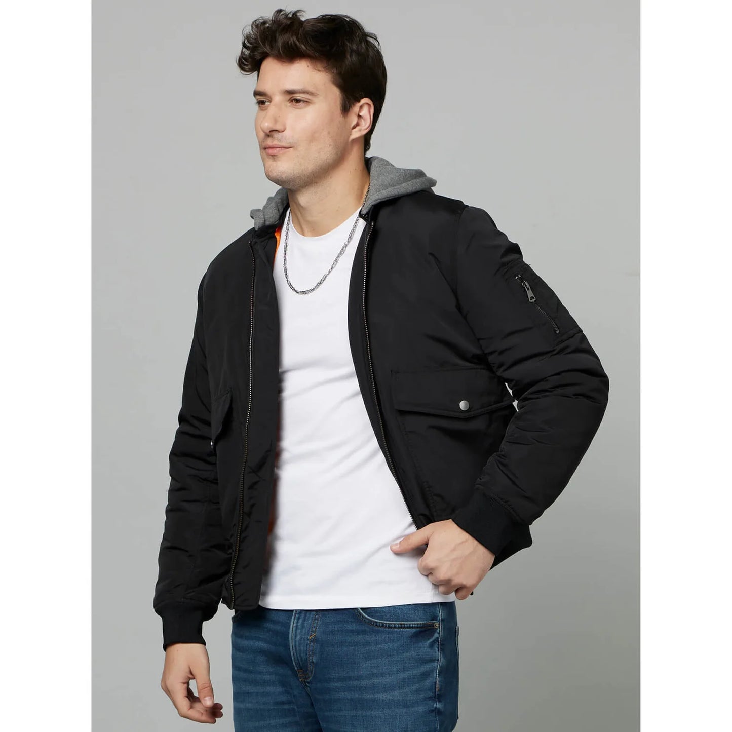 Black Solid Hooded Jacket