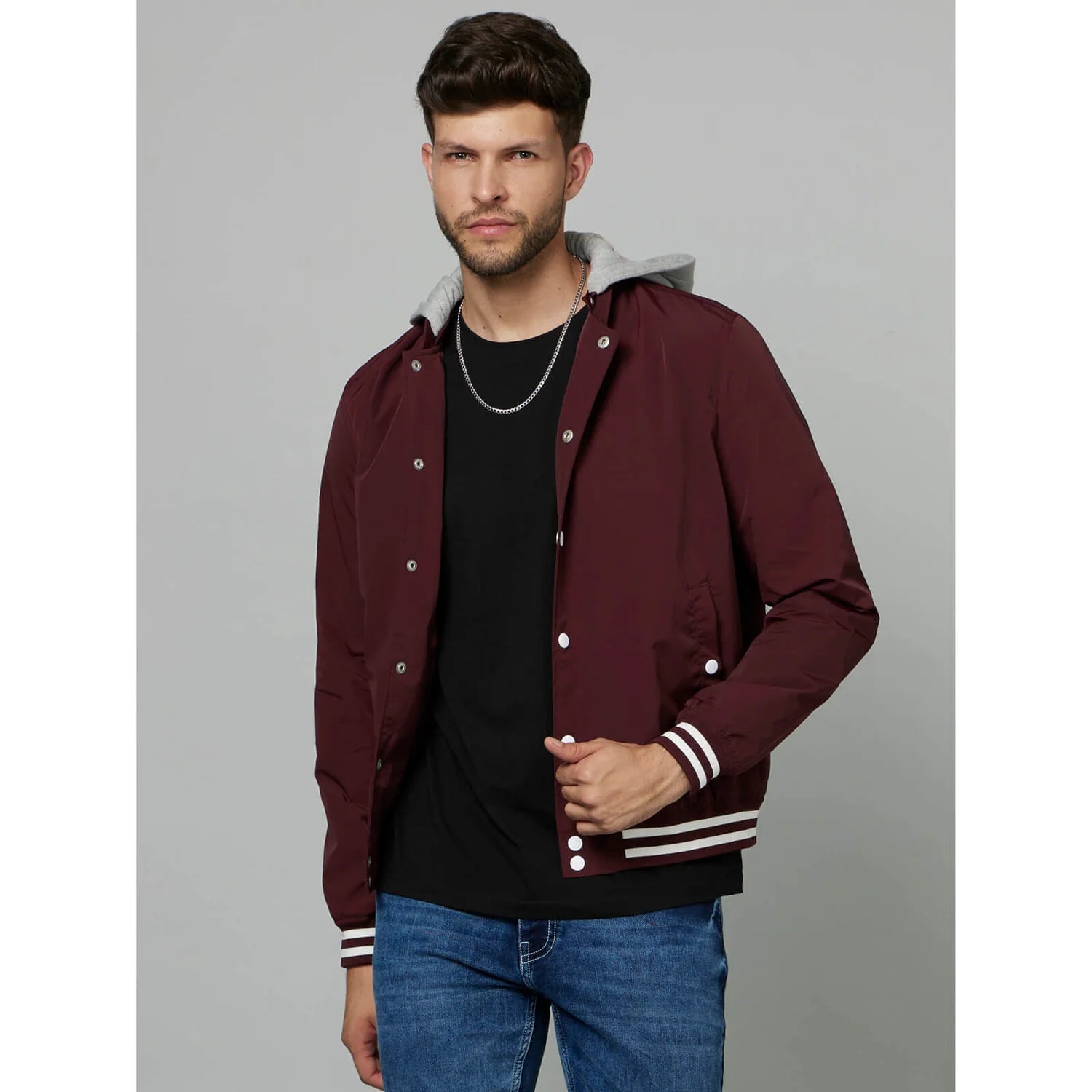 Maroon Solid Hooded Jacket