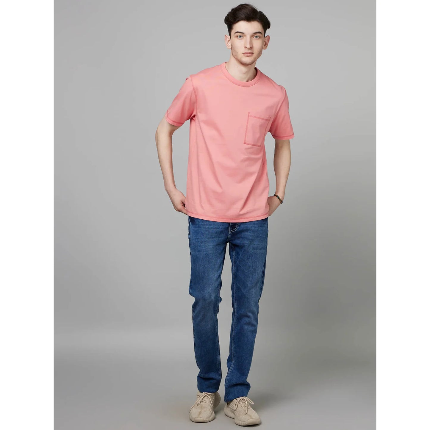 Cream Solid Cotton T-shirt