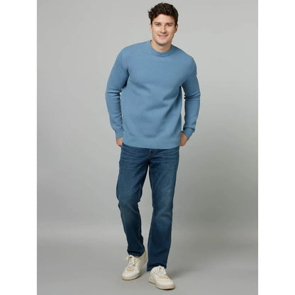 Blue Solid Cotton-Poly-Blend Sweater