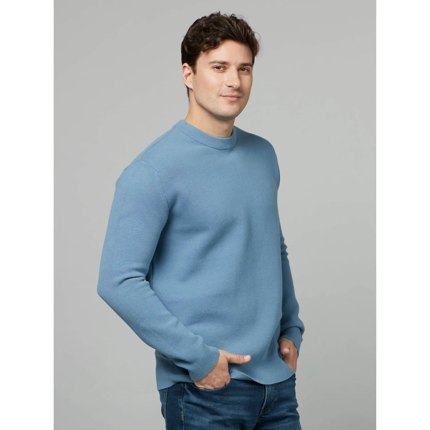 Blue Solid Cotton-Poly-Blend Sweater