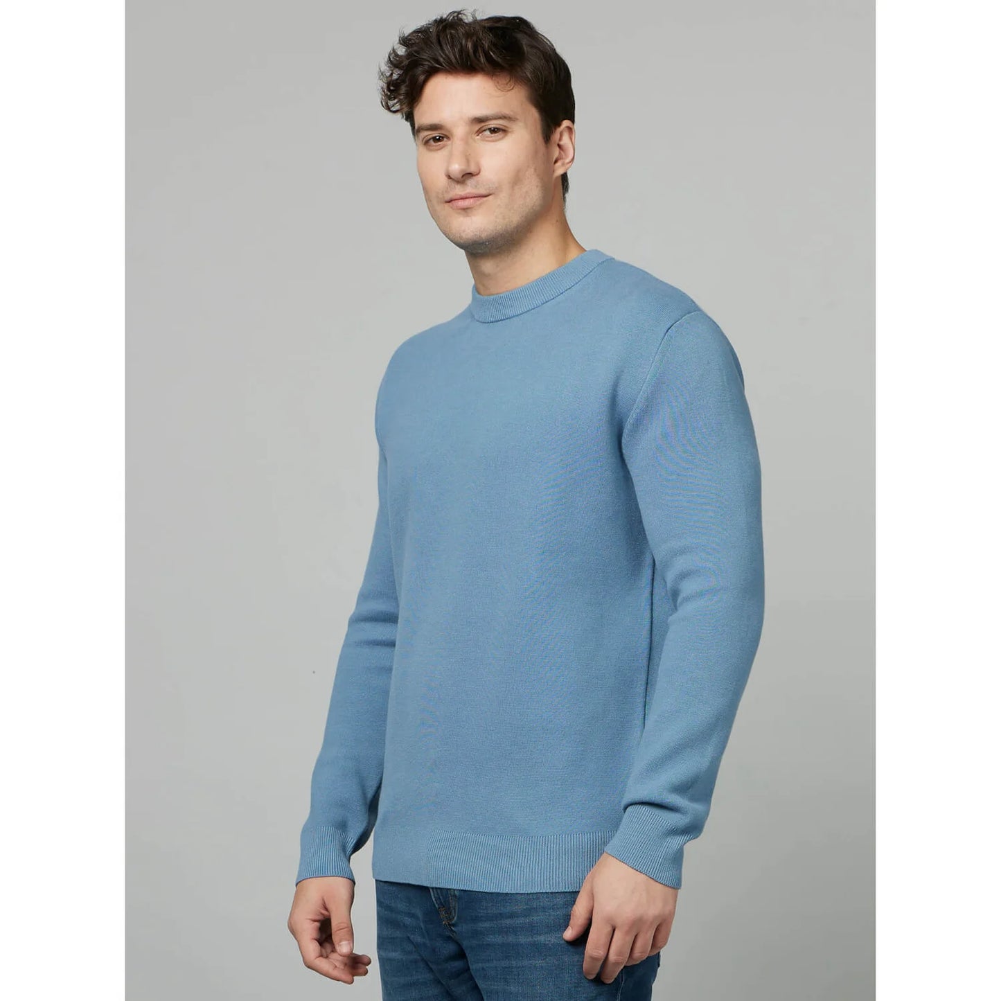 Blue Solid Cotton-Poly-Blend Sweater