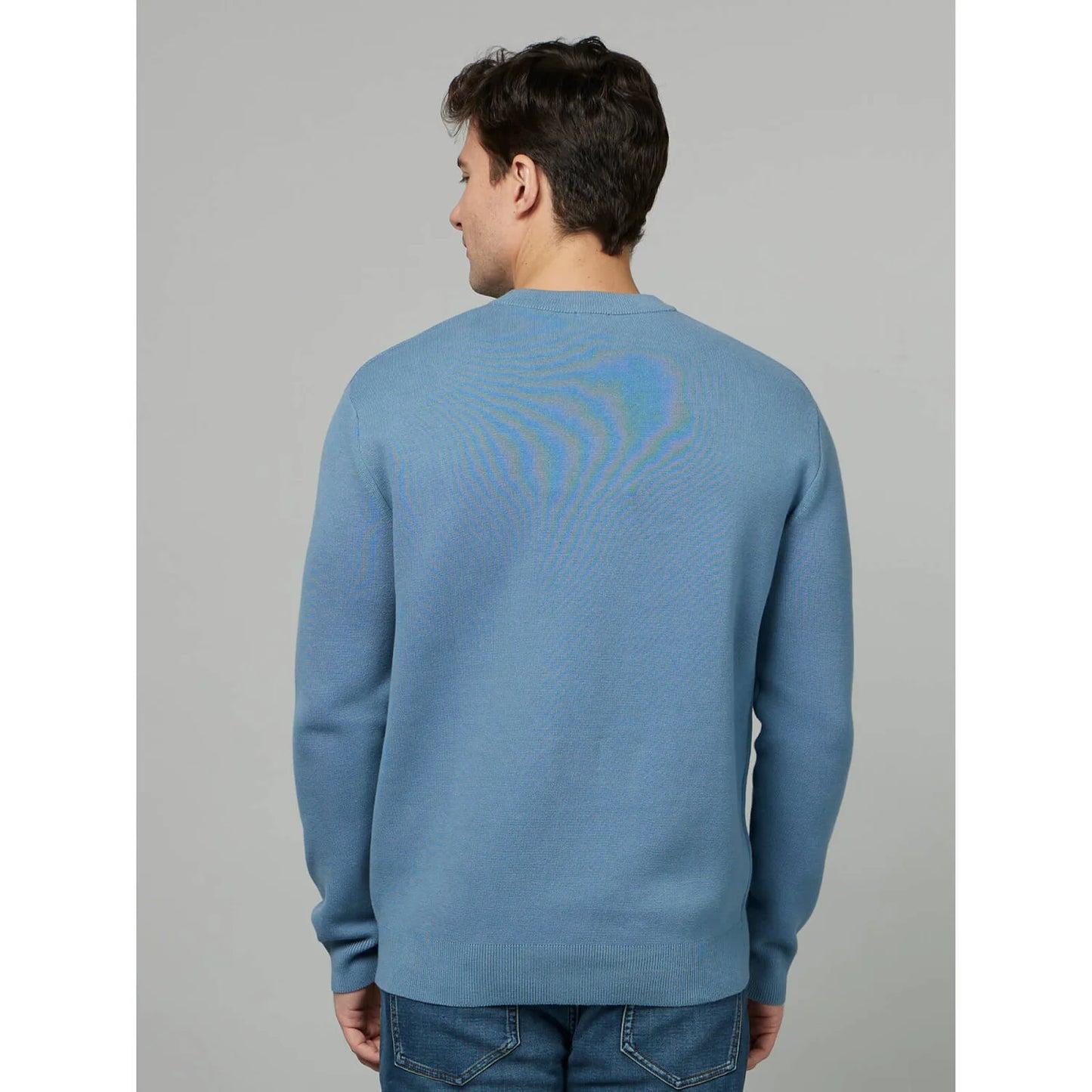 Blue Solid Cotton-Poly-Blend Sweater