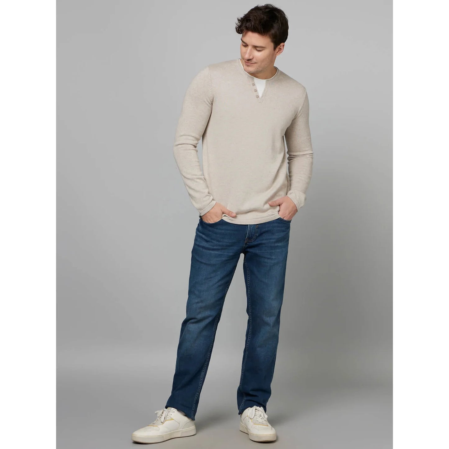 Beige Solid Cotton Sweater