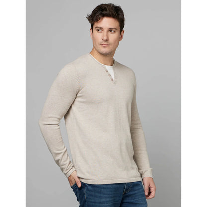 Beige Solid Cotton Sweater