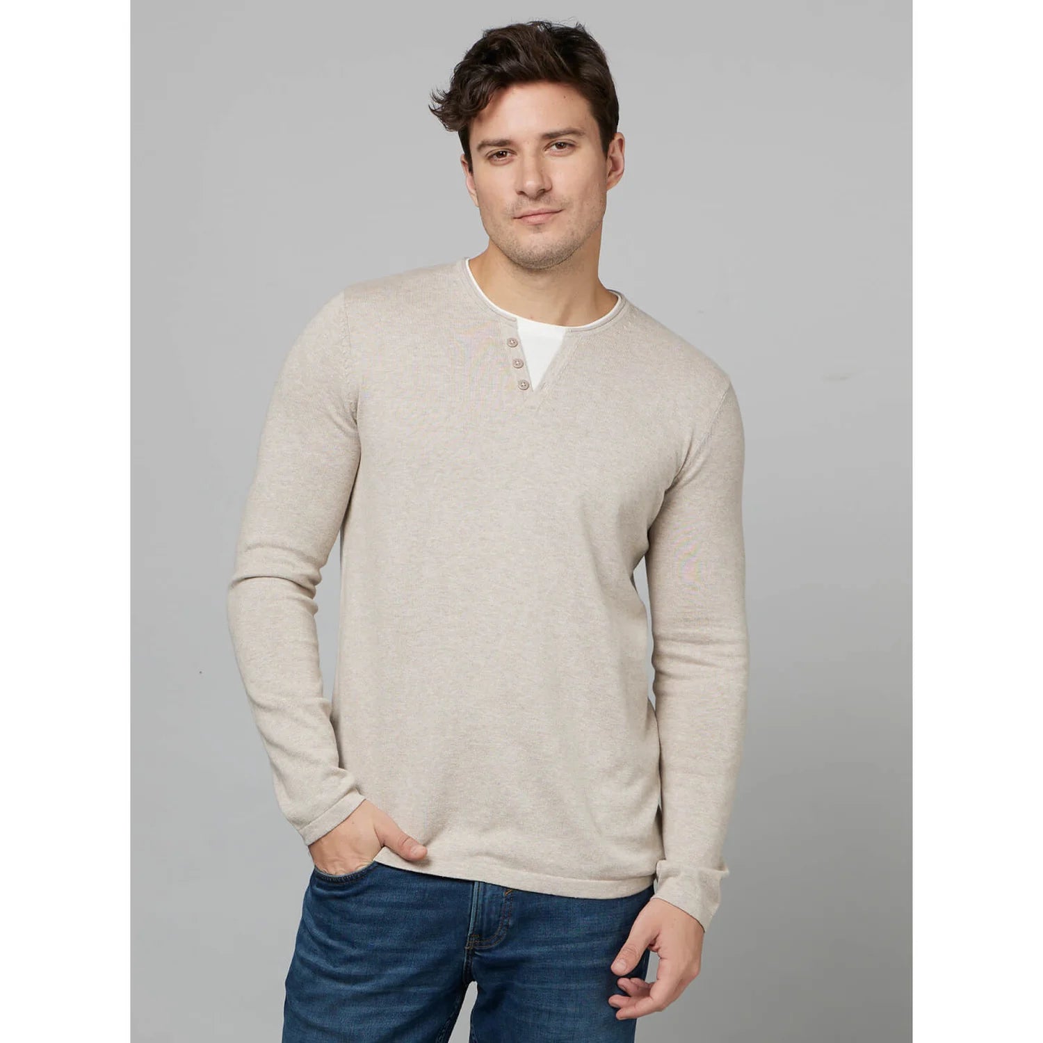 Beige Solid Cotton Sweater