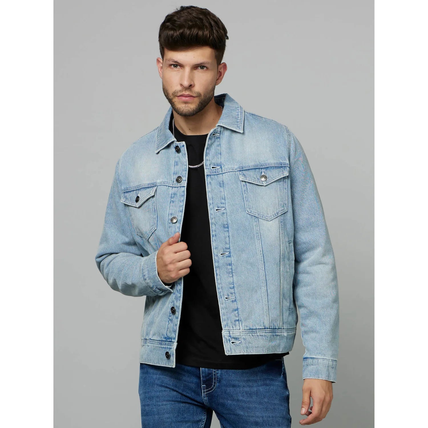 Light Blue Denim Solid Cotton Jacket