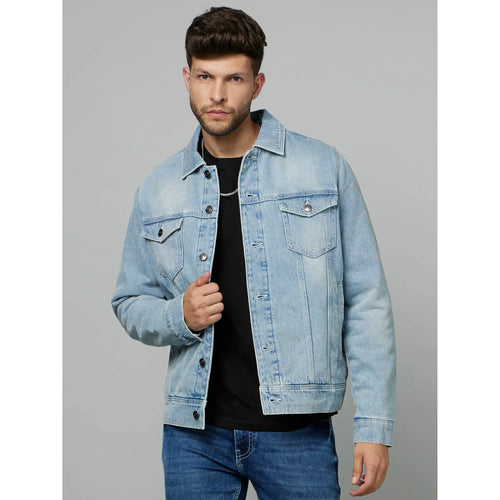 Shop Light Blue Cotton Solid Jacket For Men Online Celio