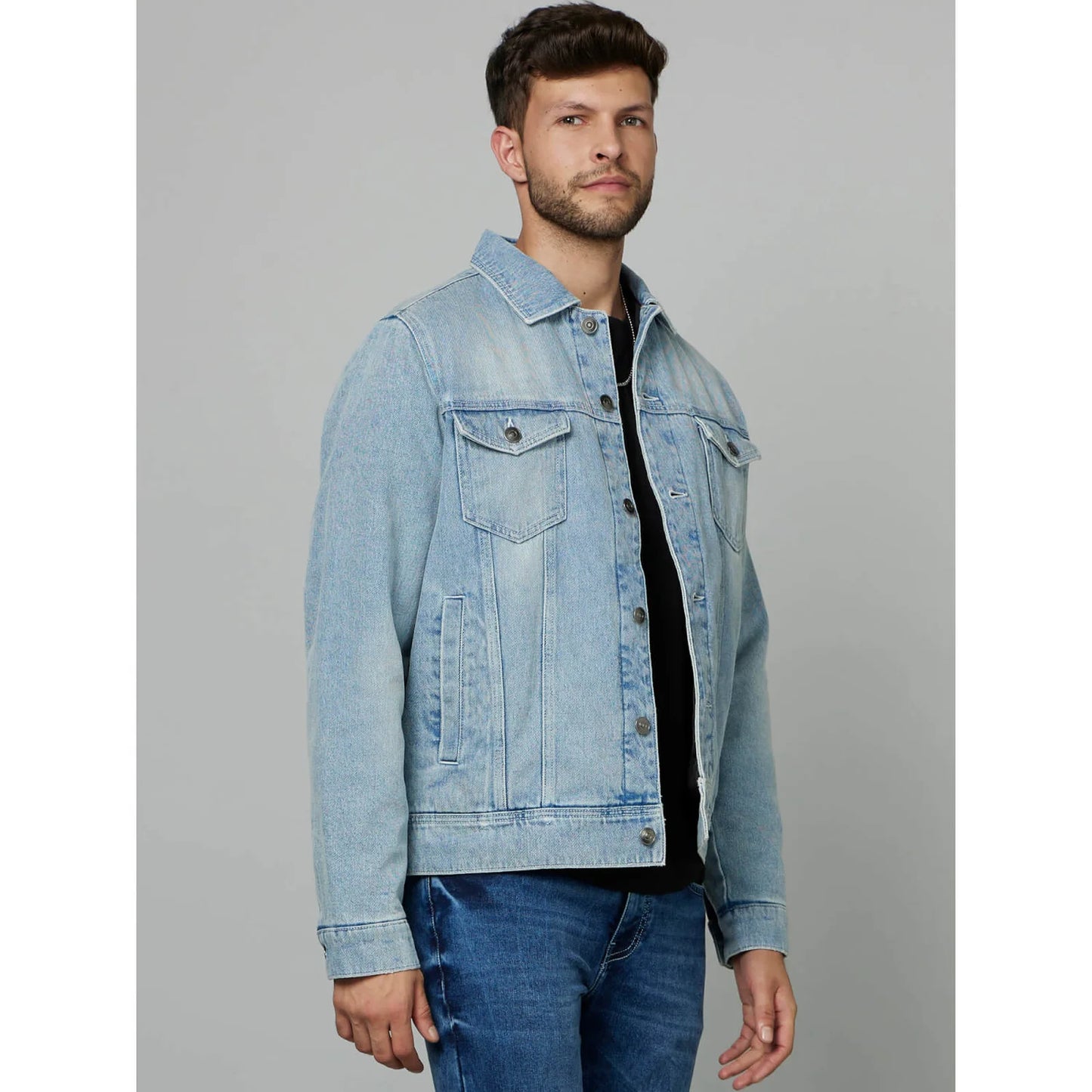 Light Blue Denim Solid Cotton Jacket