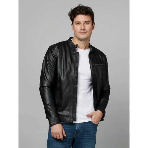 Black Leather Where Can I Buy Leather Jackets Near Me Celio* Solid