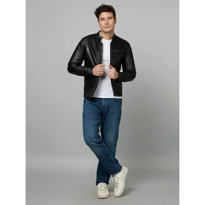 Black Solid Biker Jacket