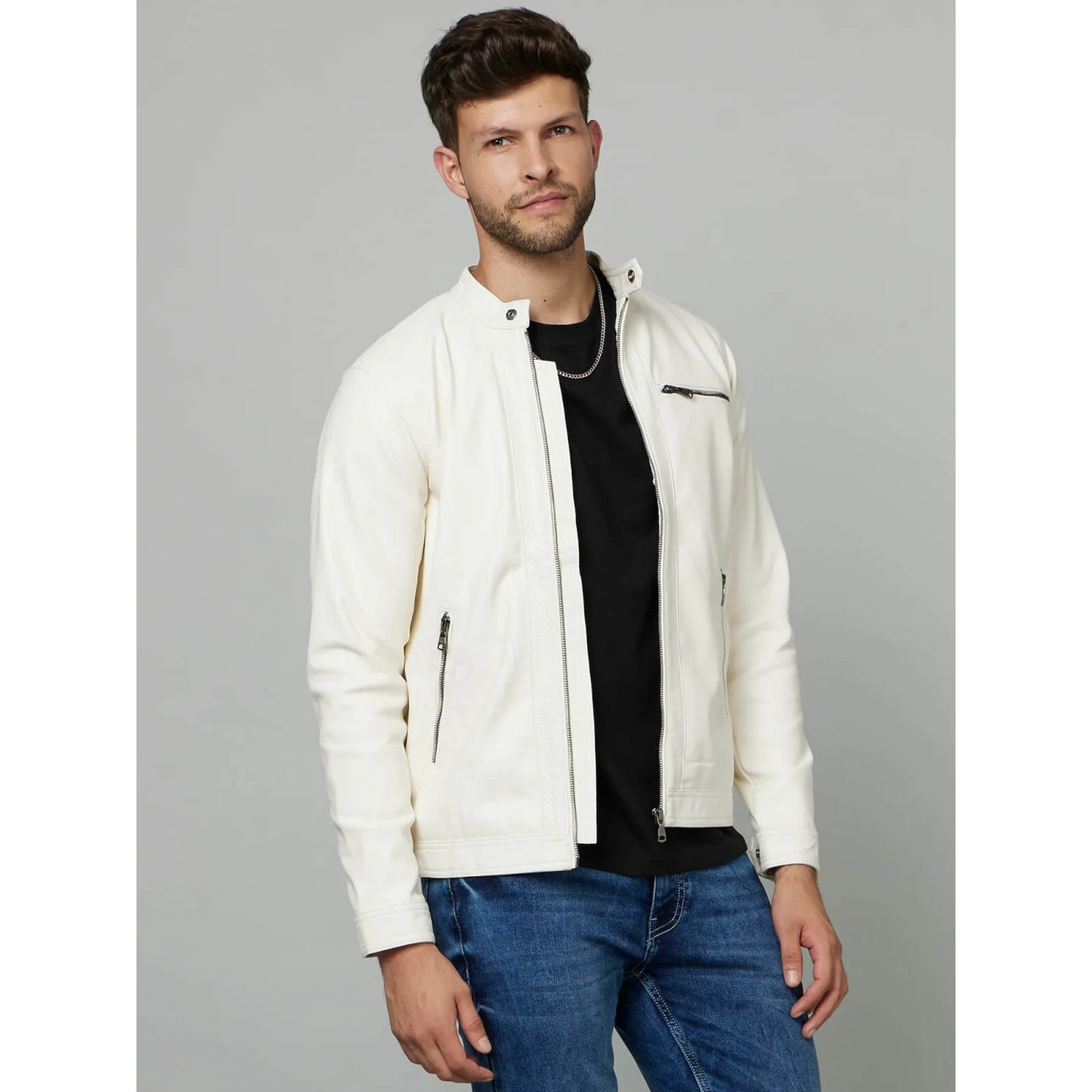 White Solid Biker Jacket