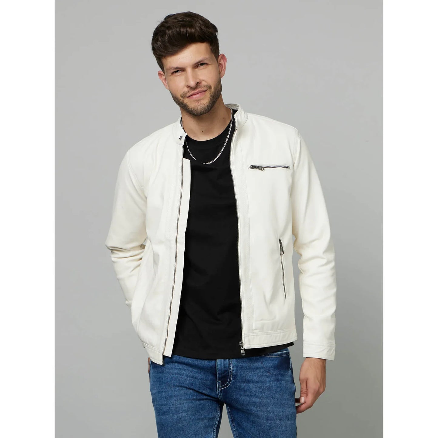 White Solid Biker Jacket