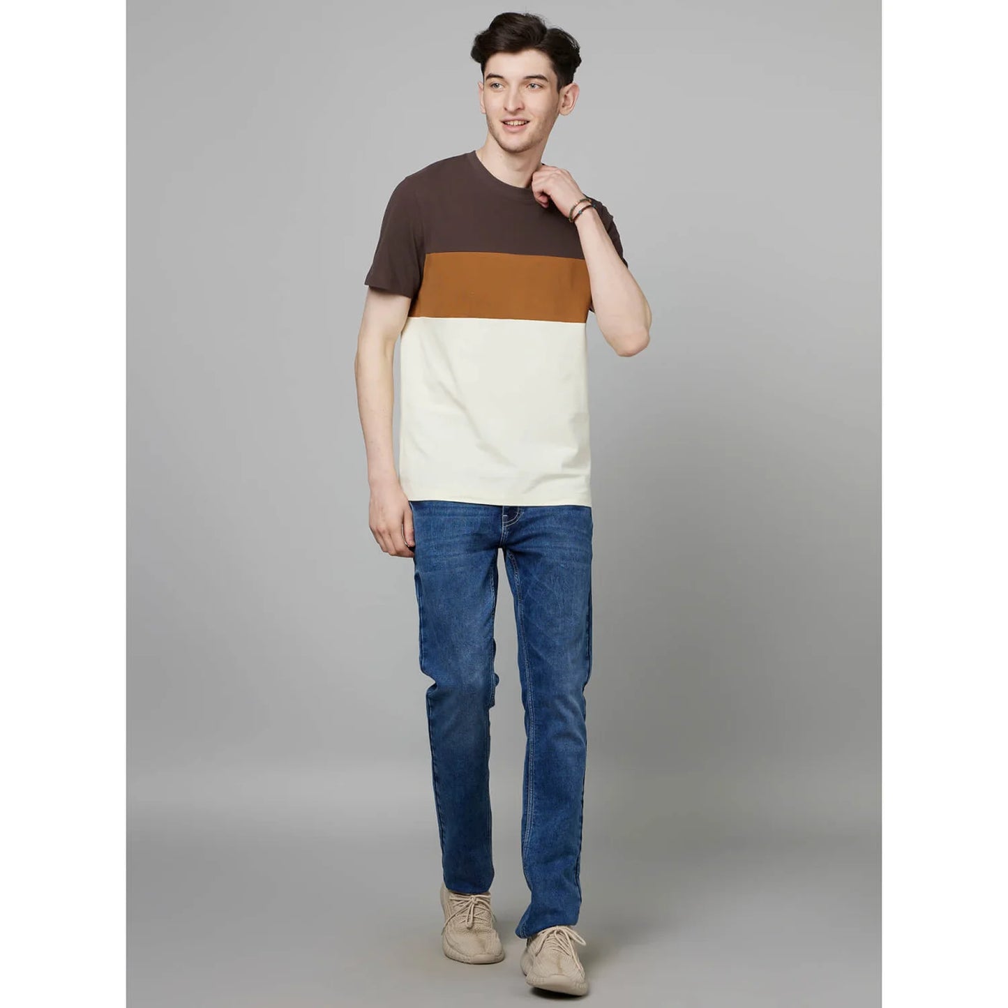 Brown Colourblock Cotton T-shirt