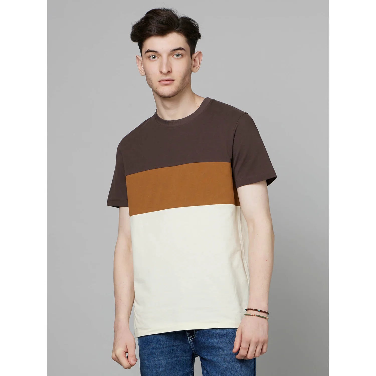 Brown Colourblock Cotton T-shirt