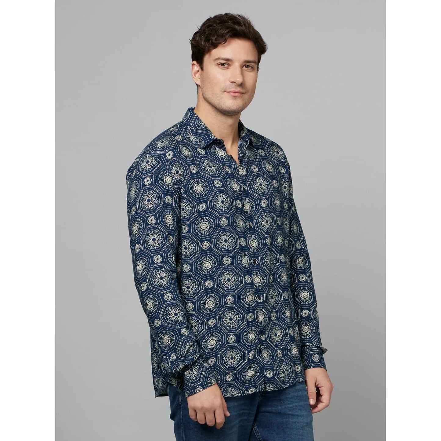 Blue Geometric Printed Viscose Shirt