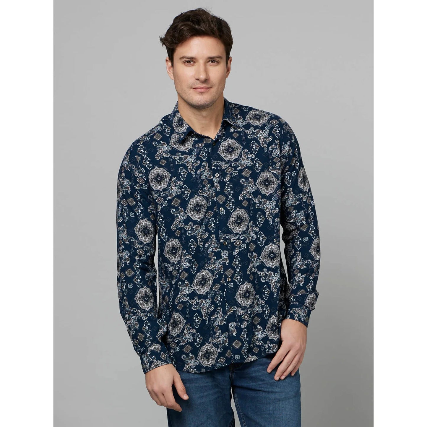 Navy Blue Geometric Printed Viscose Shirt