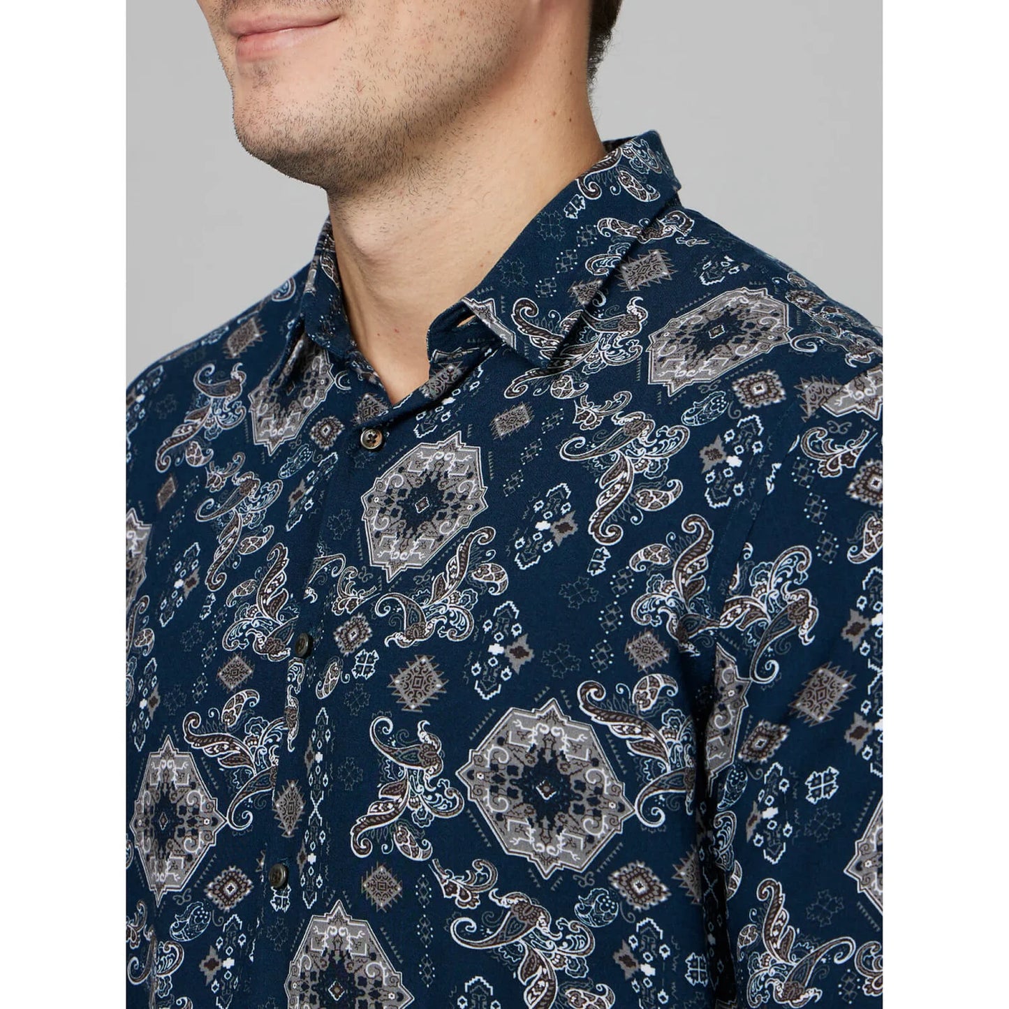 Navy Blue Geometric Printed Viscose Shirt