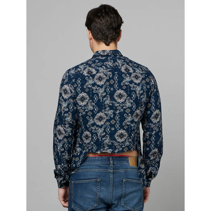 Navy Blue Geometric Printed Viscose Shirt