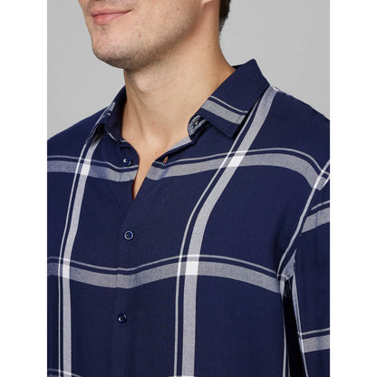 Navy Blue Checks Viscose Shirt