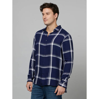 Navy Blue Checks Viscose Shirt