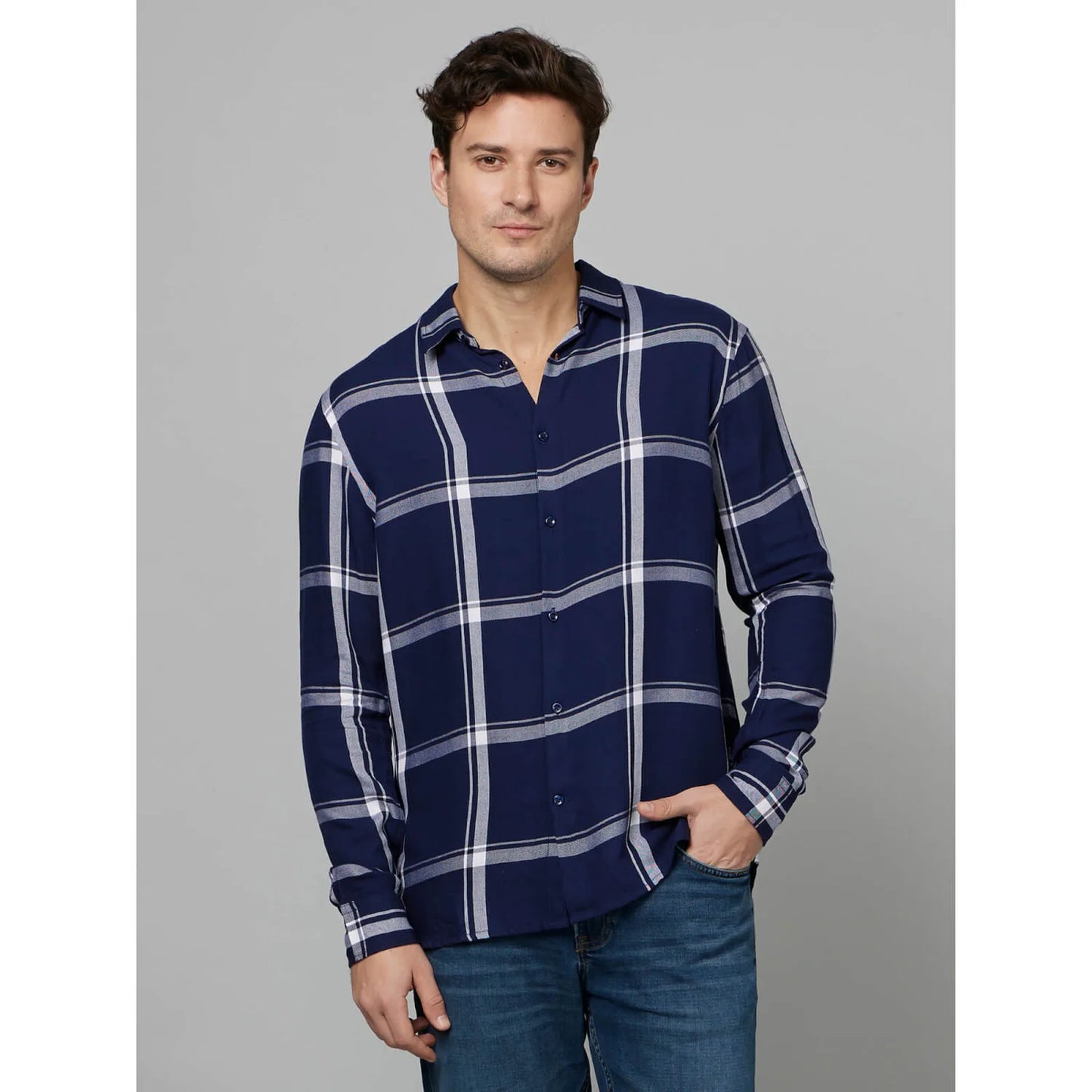 Navy Blue Checks Viscose Shirt