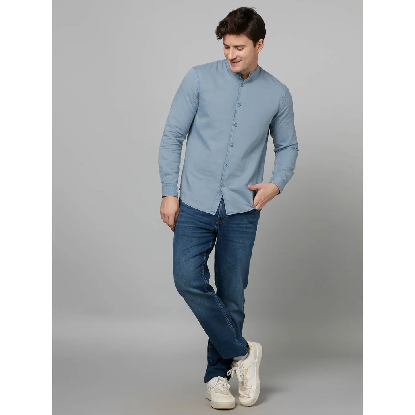 Blue Solid Cotton-Linen-Blend Shirt