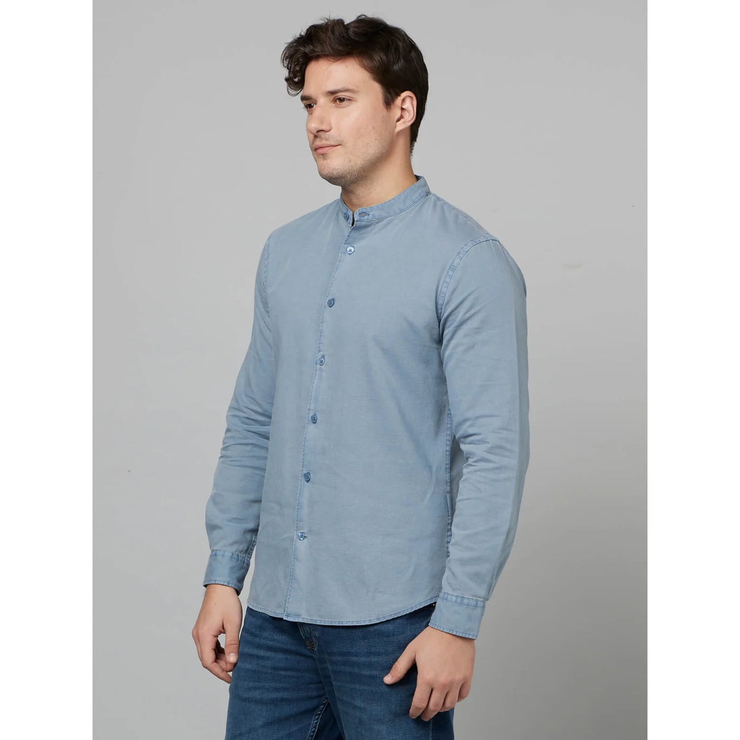 Blue Solid Cotton-Linen-Blend Shirt