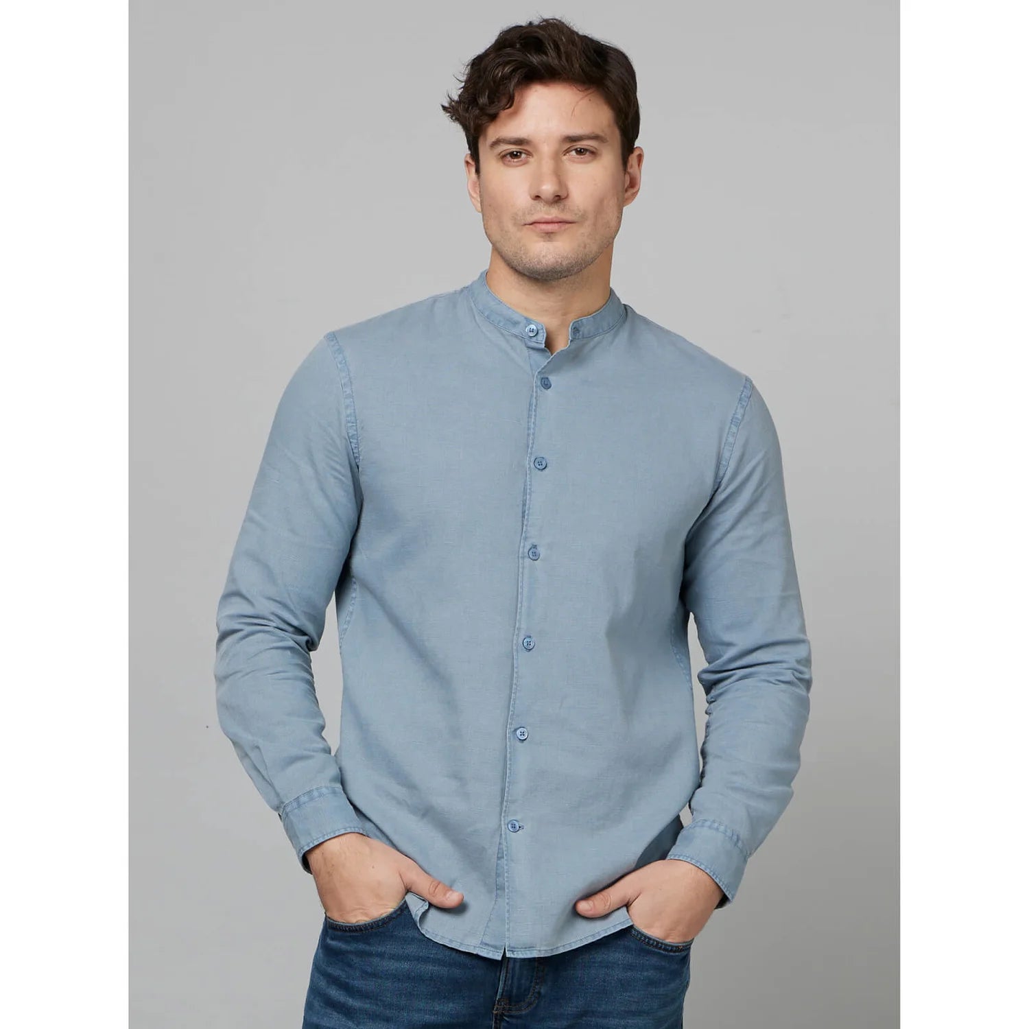 Blue Solid Cotton-Linen-Blend Shirt